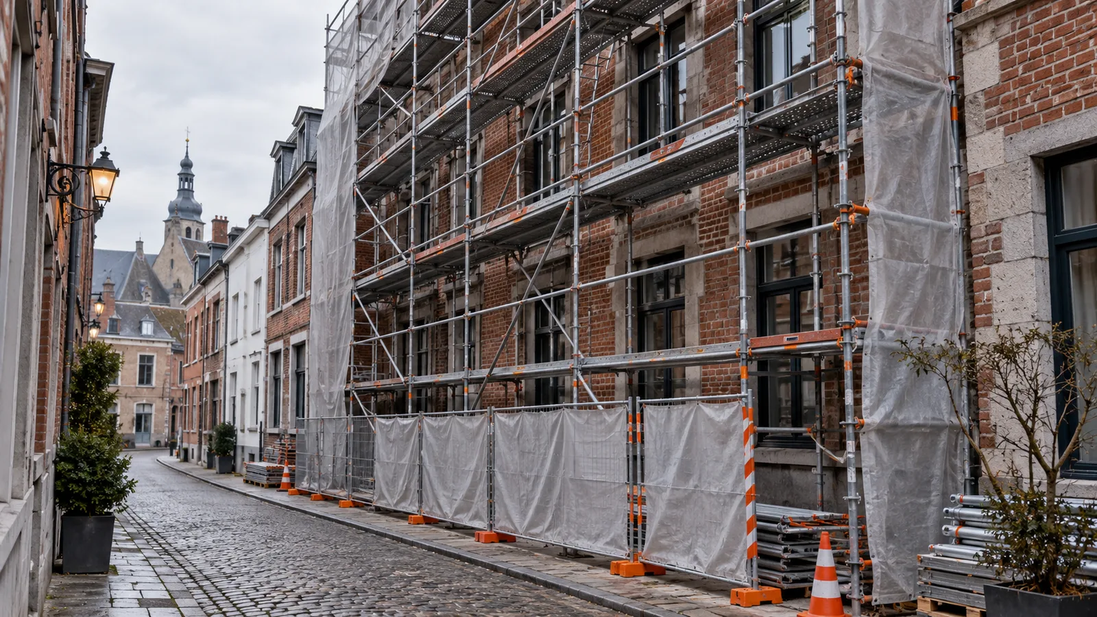 Échafaudage tubulaire qui encombre le trottoir devant une façade