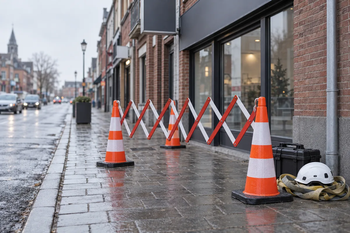 Périmètre de sécurité balisé par des cônes au pied d'une façade
