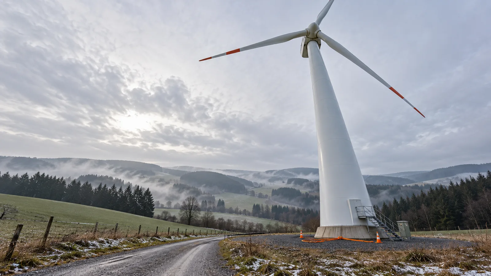 Éolienne dans un paysage d'Ardenne en hiver