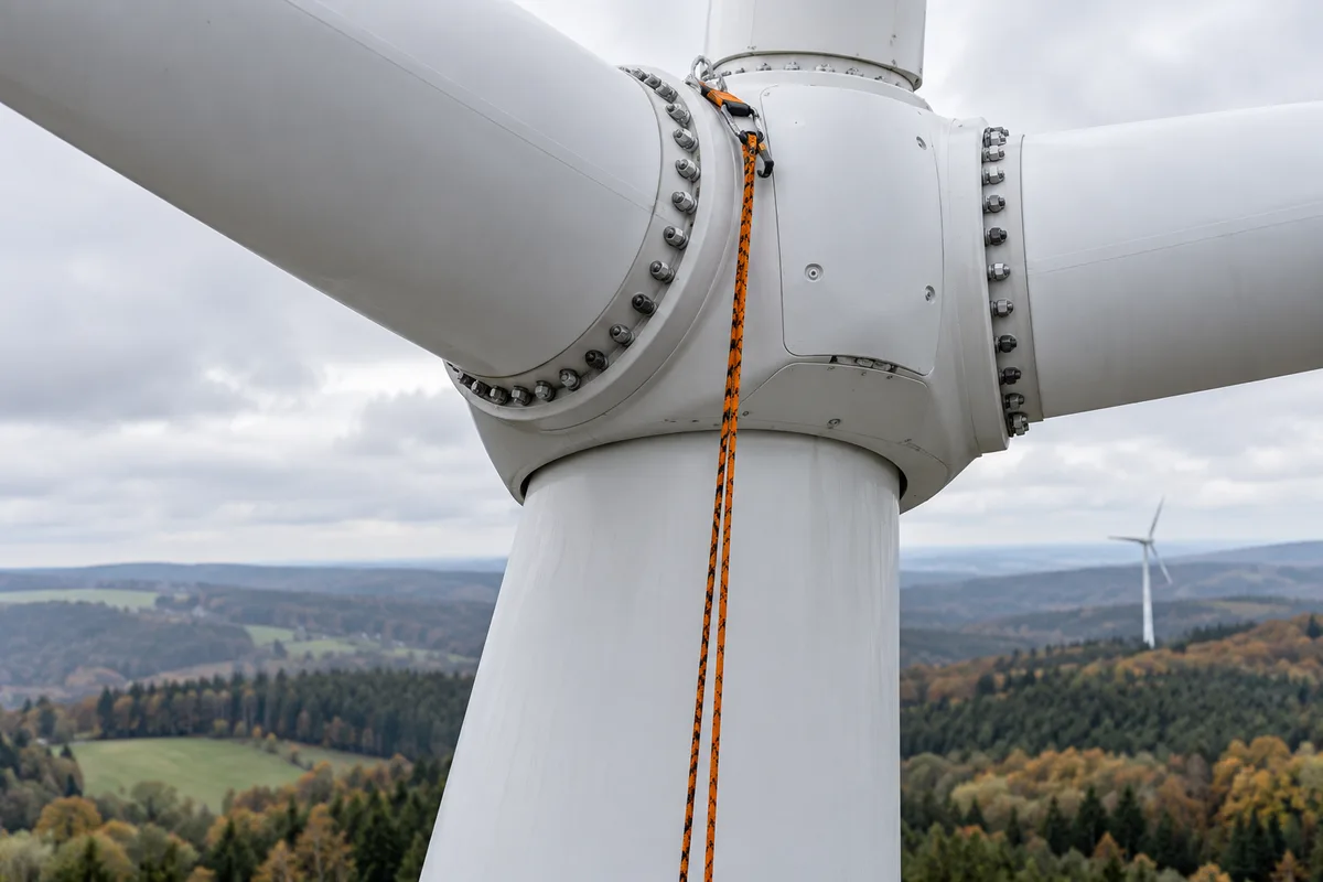 Corde de rappel suspendue le long d'une pale d'éolienne depuis le moyeu