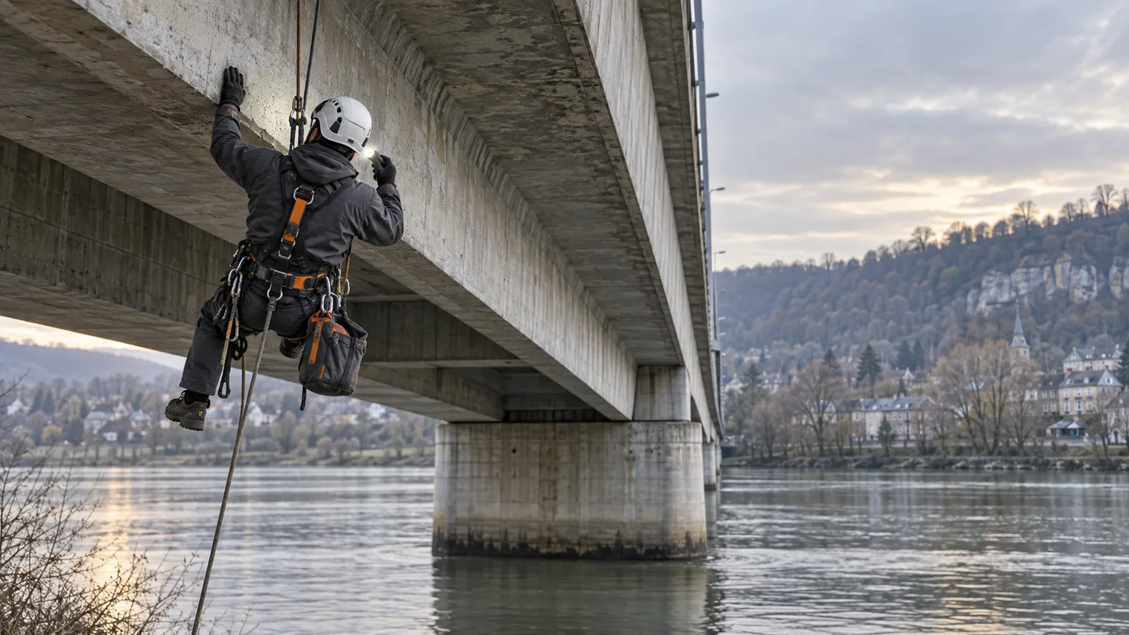 Cordiste inspectant à la lampe le tablier en béton d'un pont
