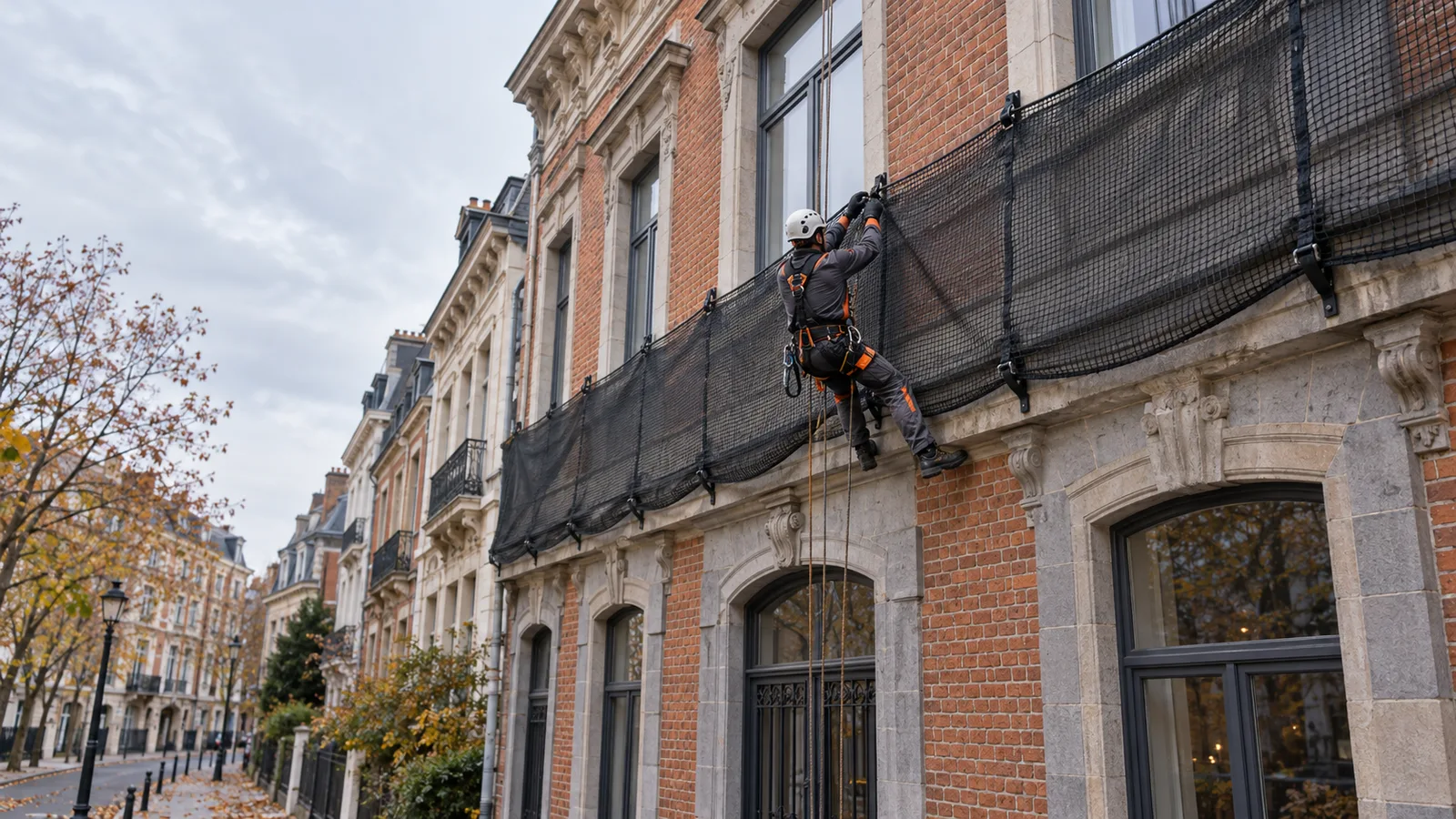 Cordiste suspendu fixant un filet de protection sur une façade ancienne