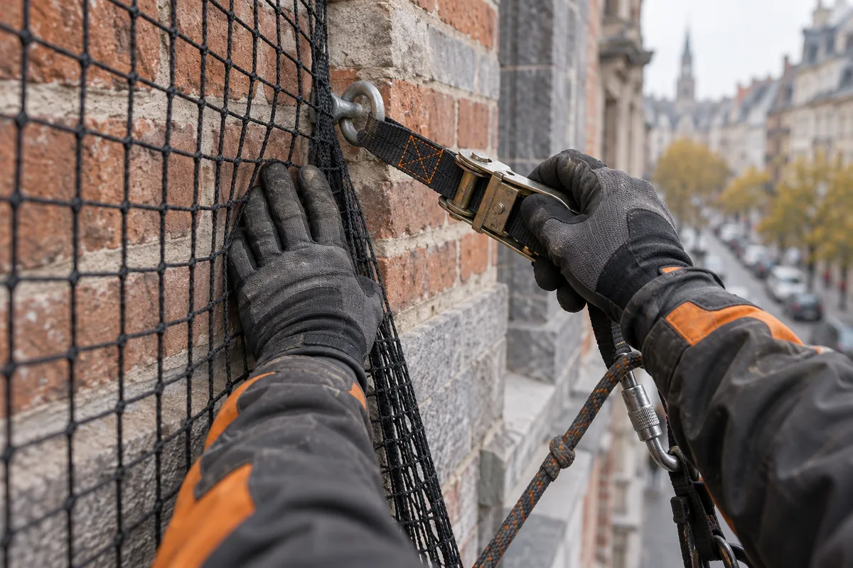 Mains gantées verrouillant une sangle à cliquet contre une maçonnerie en briques