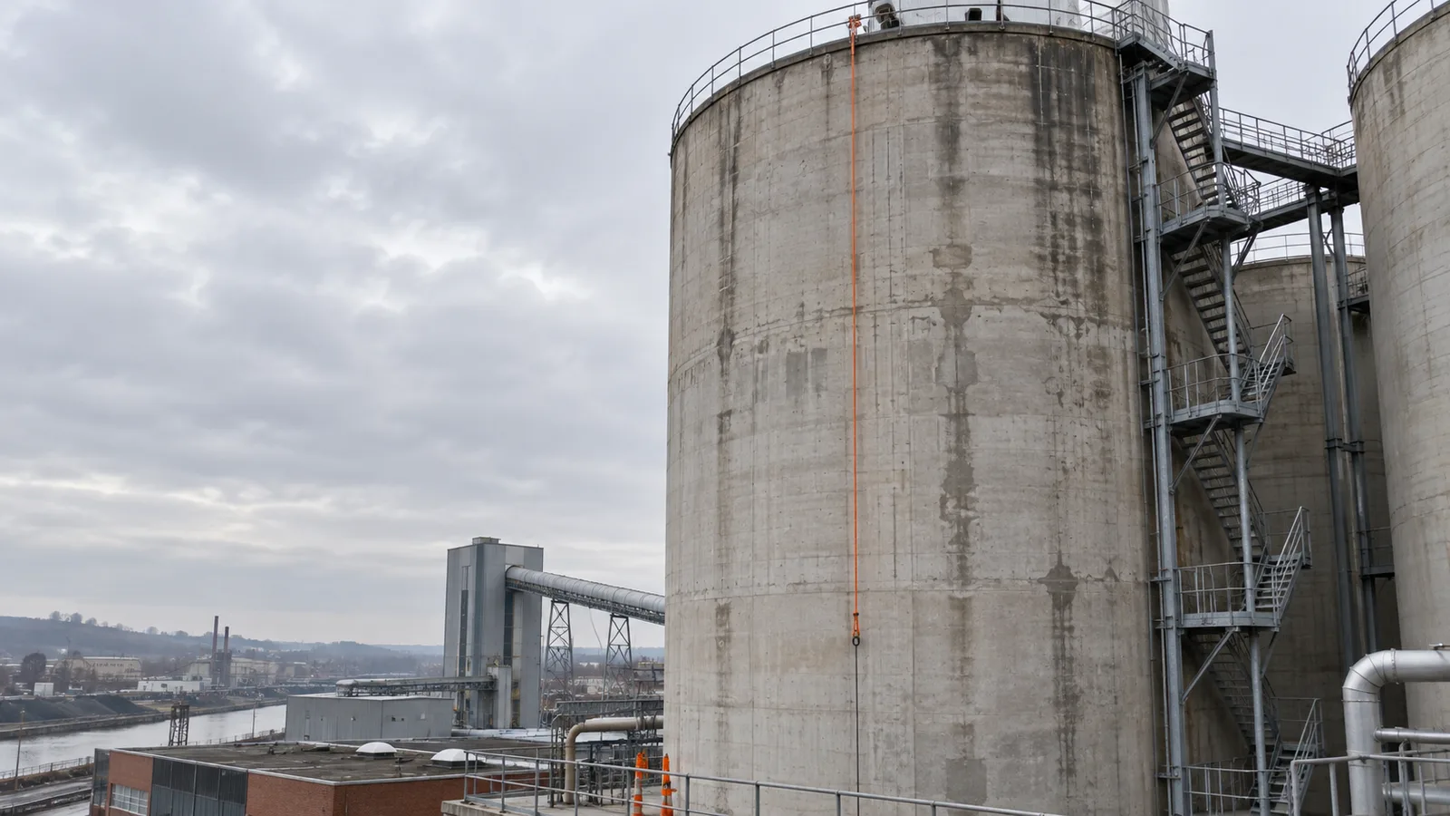 Silo industriel en béton avec une corde de rappel verticale