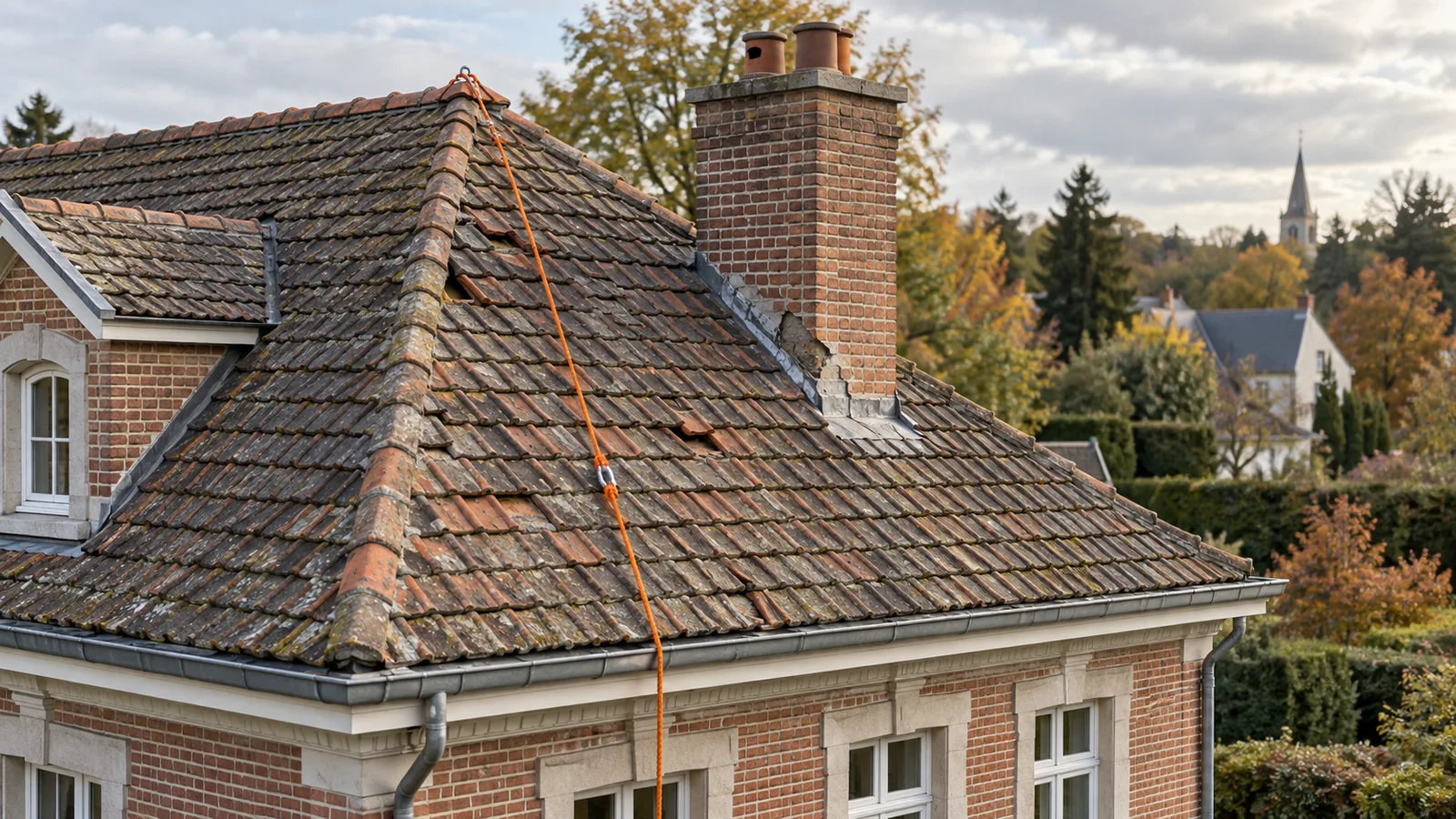 Maison bourgeoise en brique avec toiture en tuiles anciennes et corde de sécurité