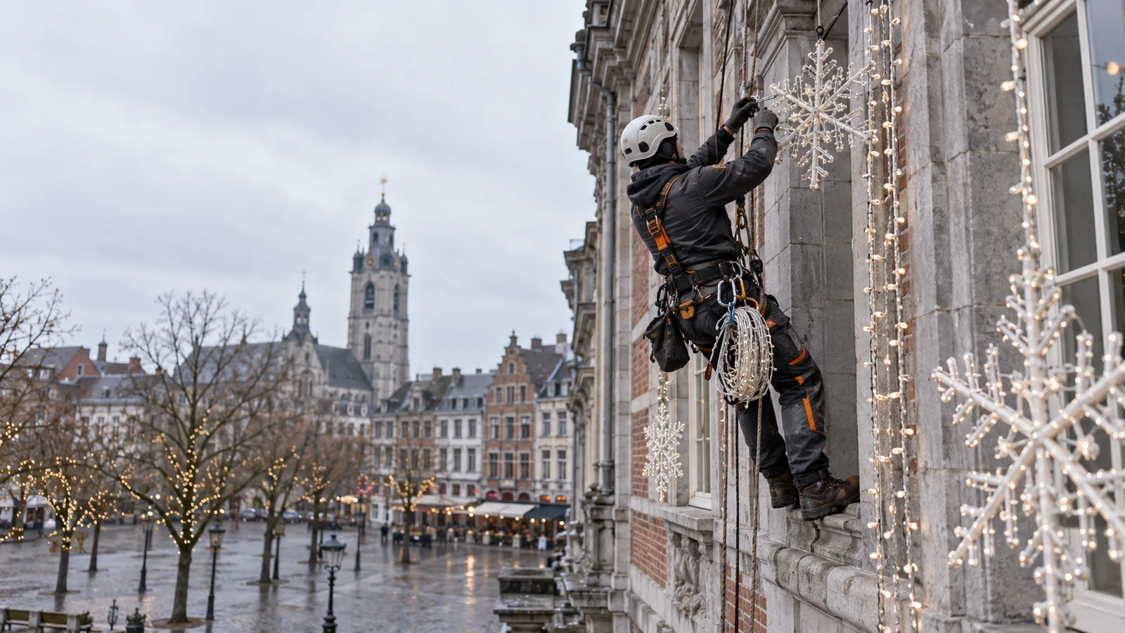 Cordiste accrochant un motif lumineux en flocon sur une façade en pierre