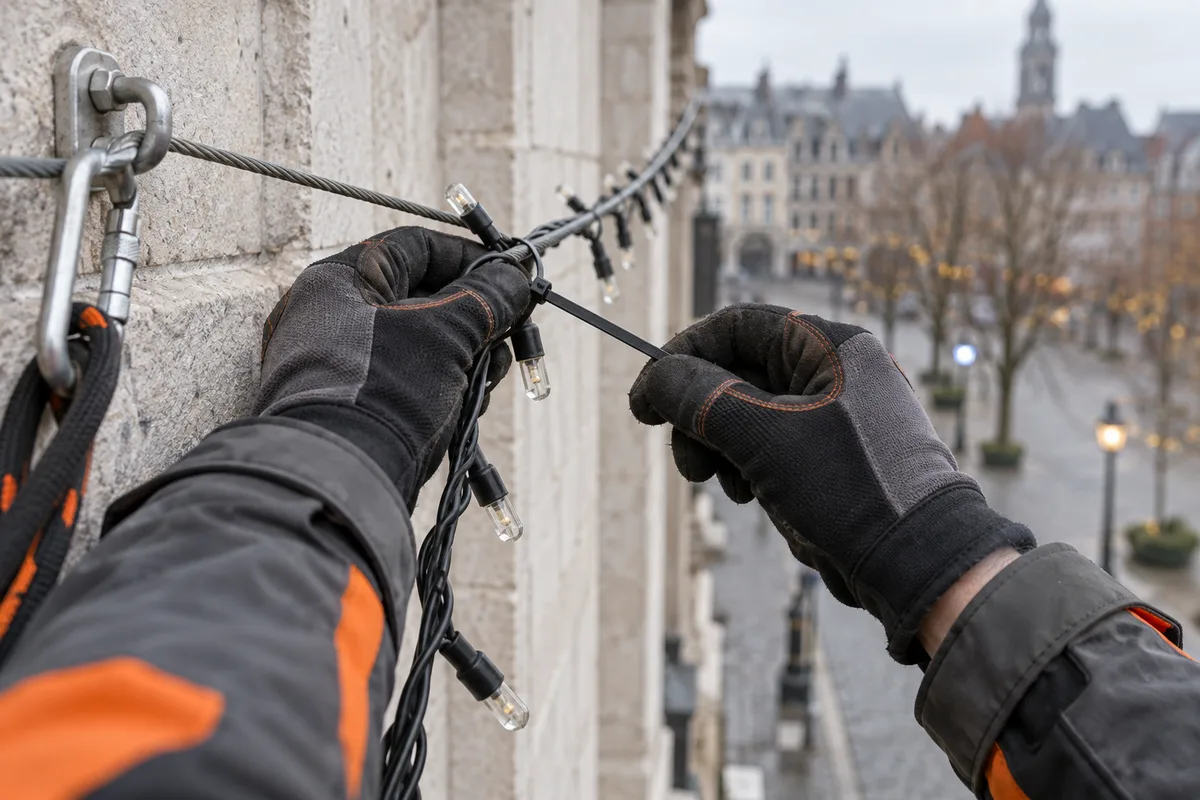 Mains gantées fixant une guirlande éteinte à un câble porteur