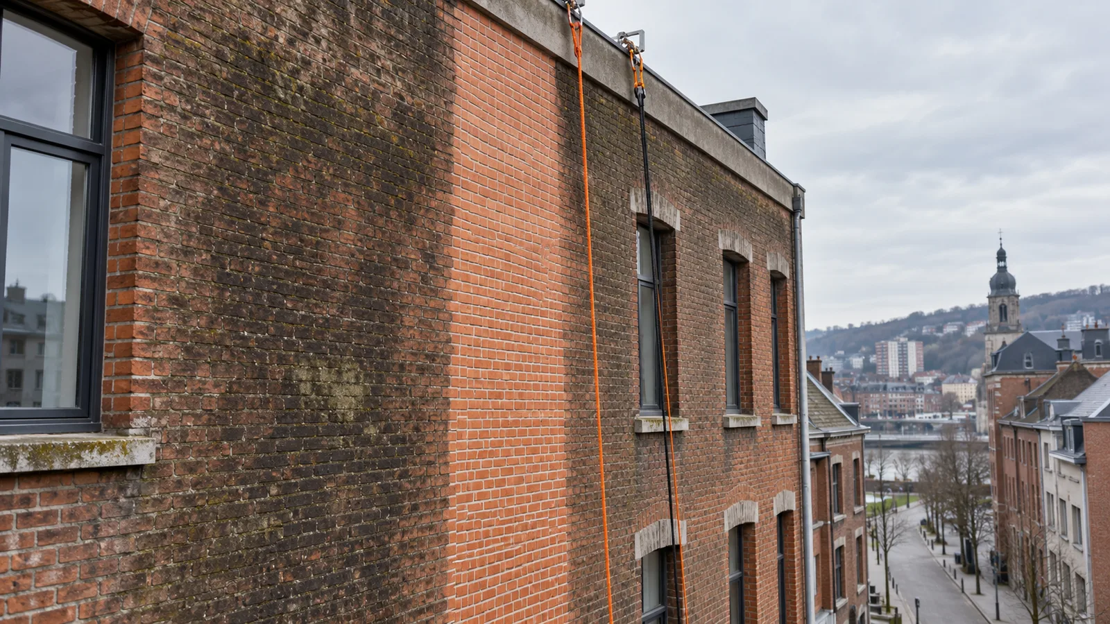Façade en brique avec deux cordes de rappel et une bande nettoyée