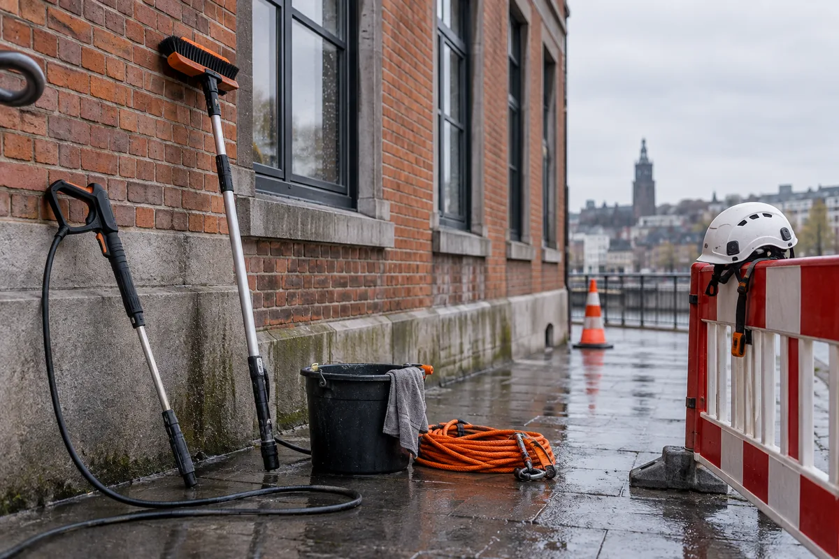 Matériel de nettoyage de façade et casque posés au pied d'un immeuble