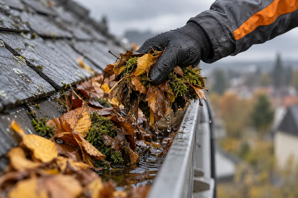 Main gantée soulevant des feuilles détrempées hors d'un chéneau