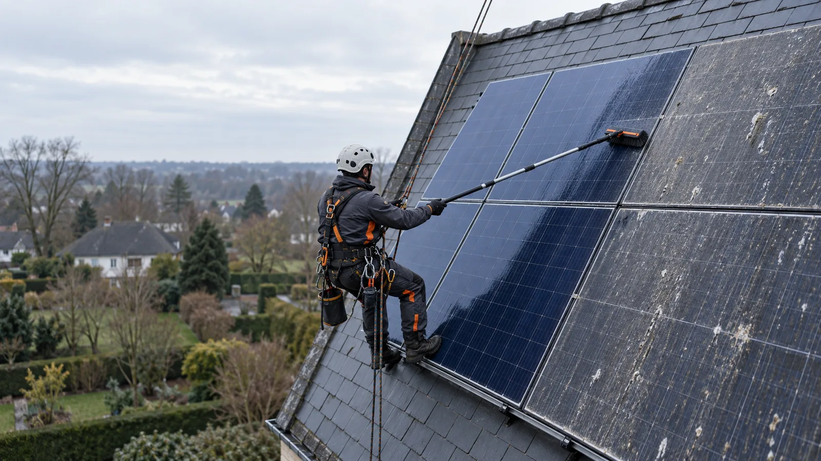 Cordiste nettoyant des panneaux solaires à la perche sur une toiture pentue