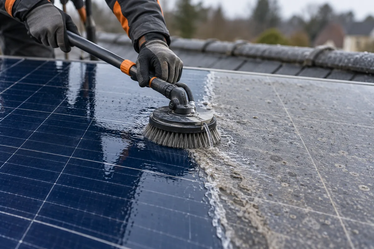 Brosse rotative poussant un filet d'eau sur un panneau solaire