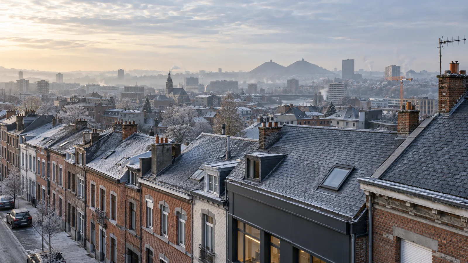 Toitures d'ardoises givrées d'un quartier urbain un matin d'hiver