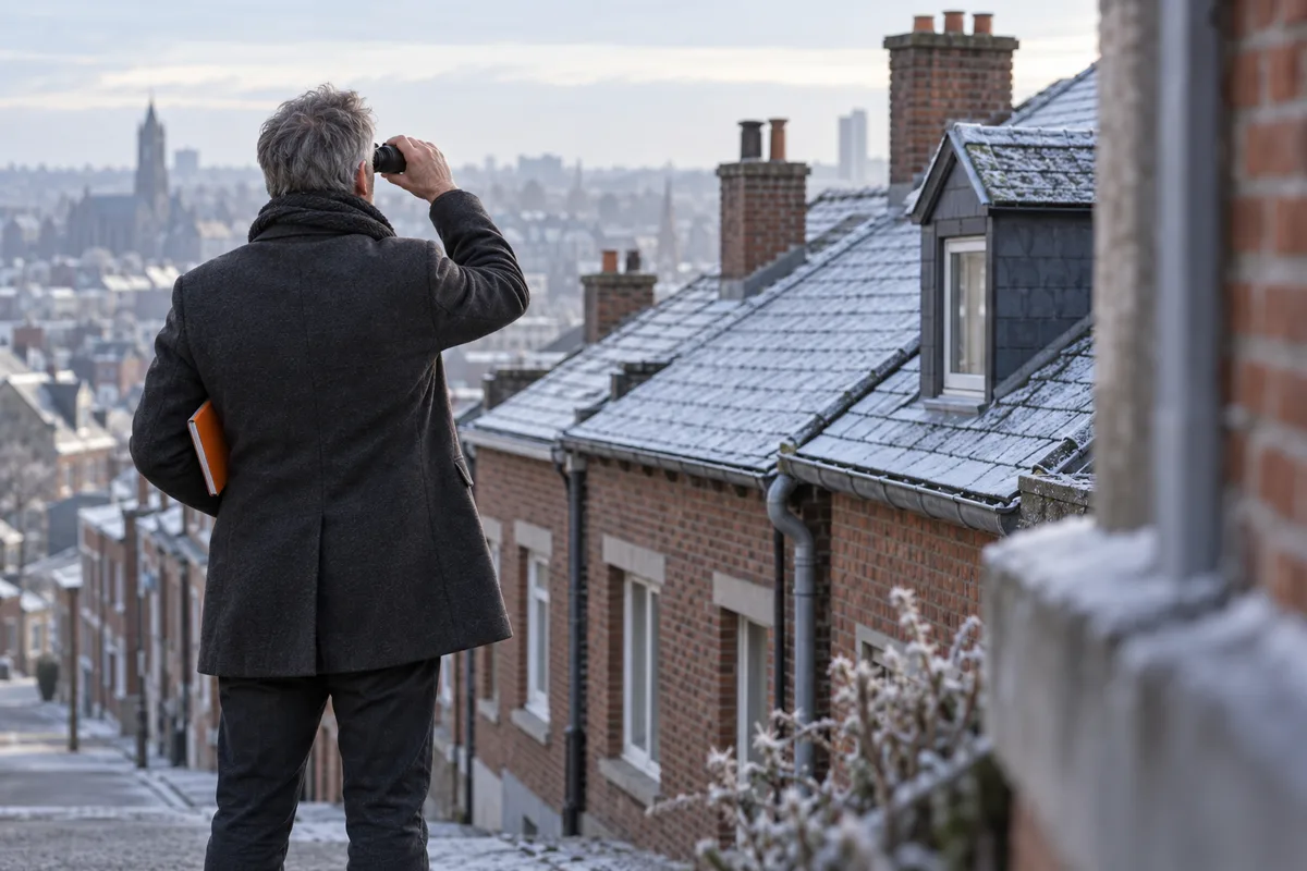 Homme de dos observant des toitures aux jumelles depuis le trottoir