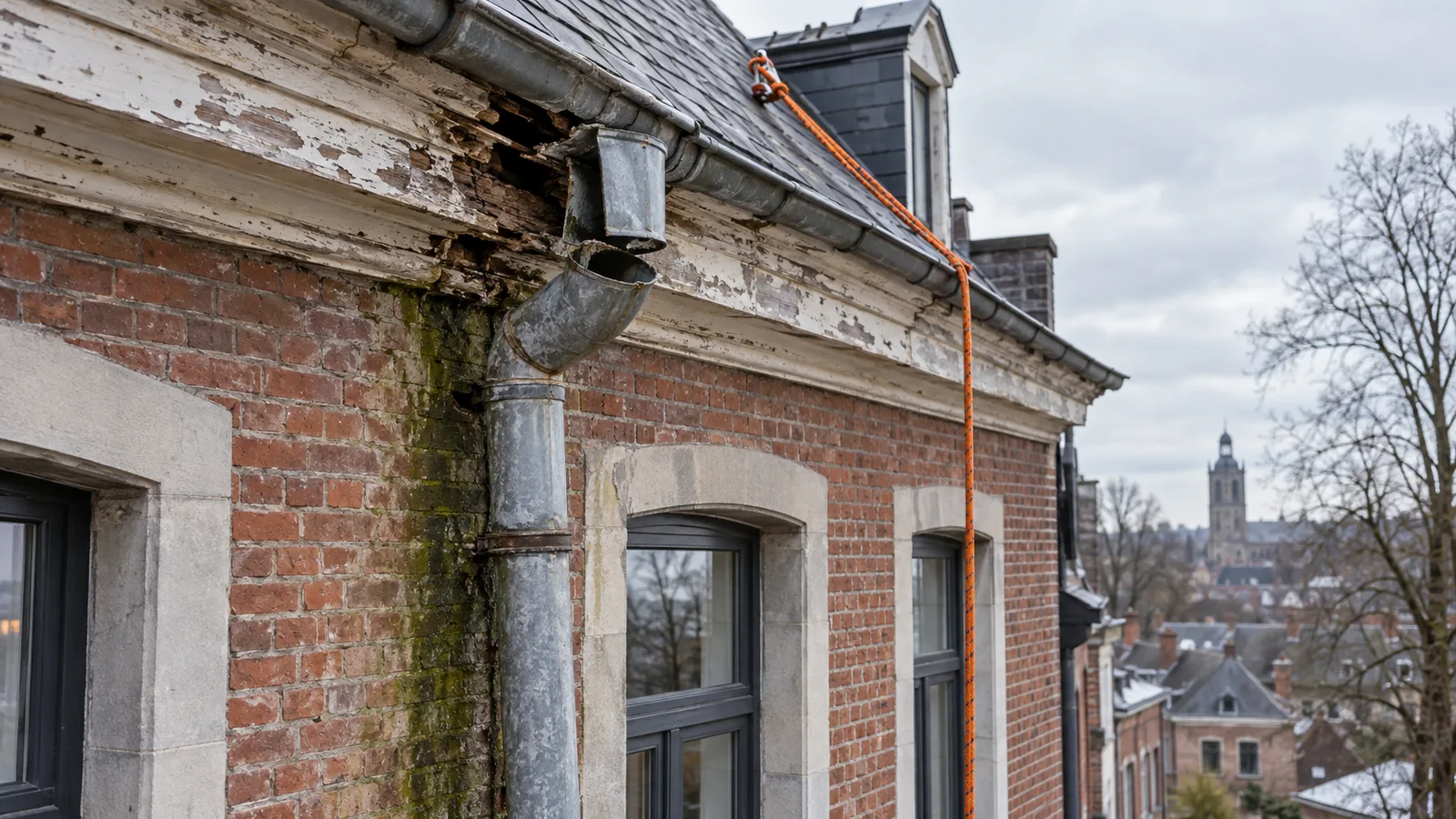 Corniche abîmée et descente d'eau décrochée sur une maison de ville