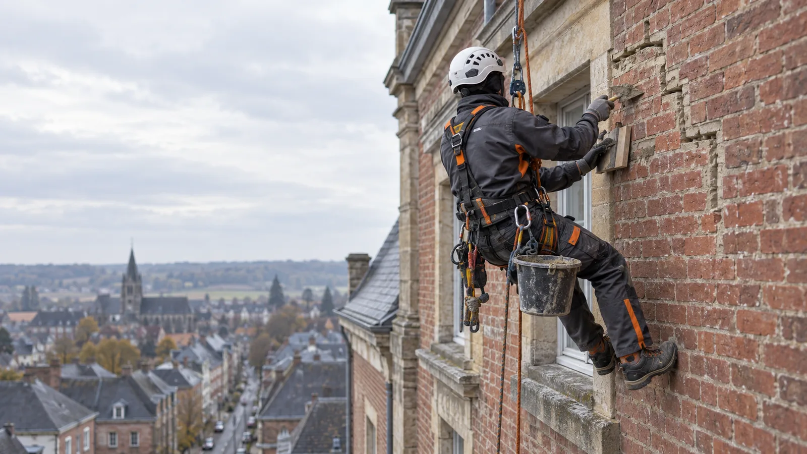 Cordiste réparant une fissure de façade au mortier sur ses cordes