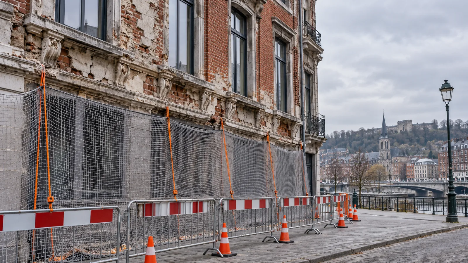 Façade abîmée avec filet de protection et barrières au sol