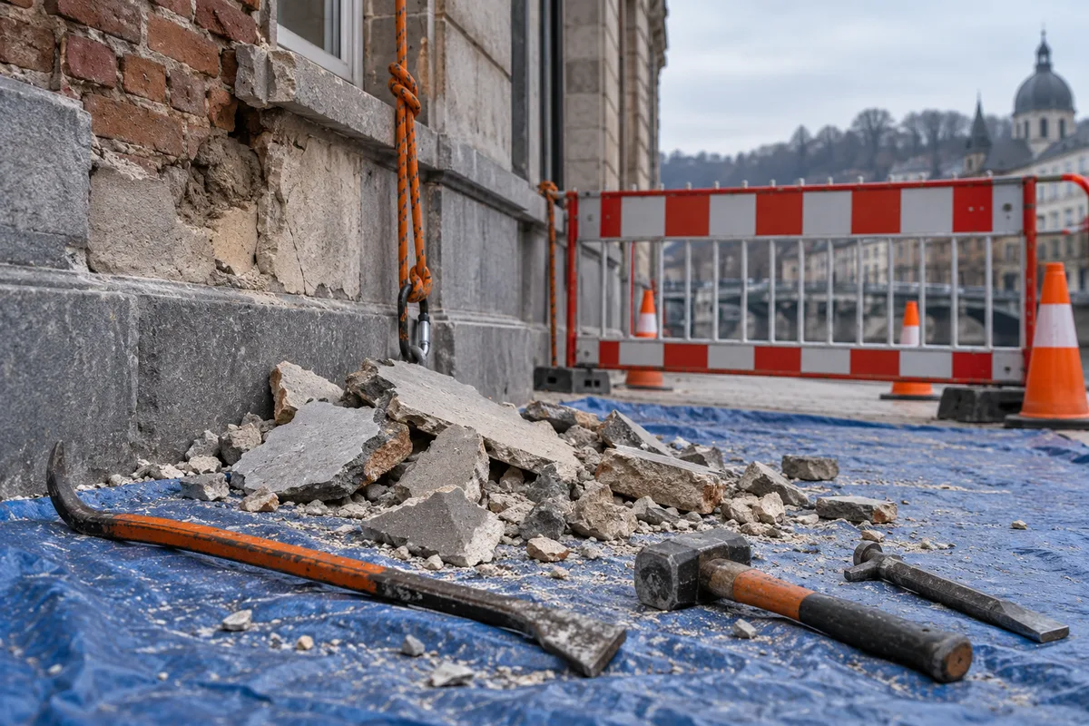 Outils de purge et morceaux d'enduit tombés sur une bâche au pied d'une façade