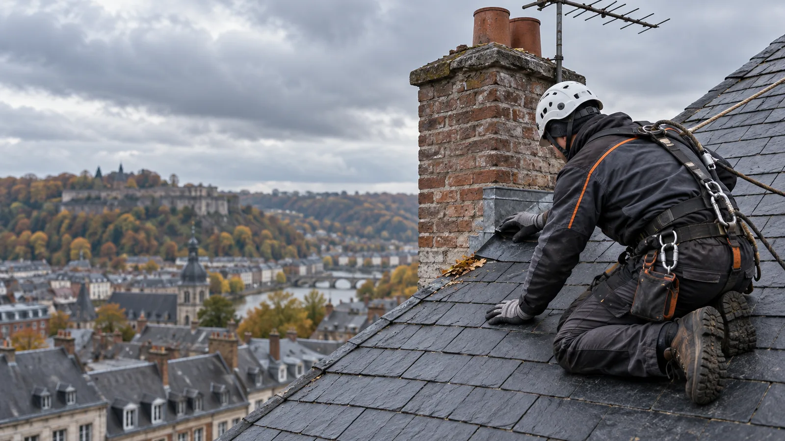 Cordiste agenouillé sur une toiture vérifiant les ardoises près d'une cheminée