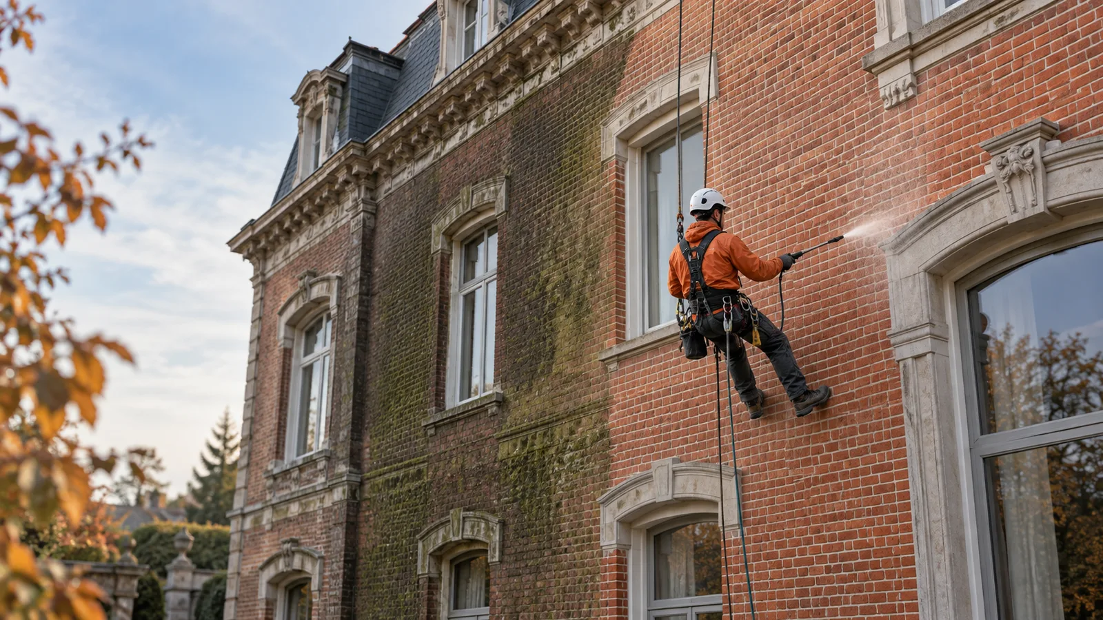 Cordiste pulvérisant un hydrofuge sur une façade en briques