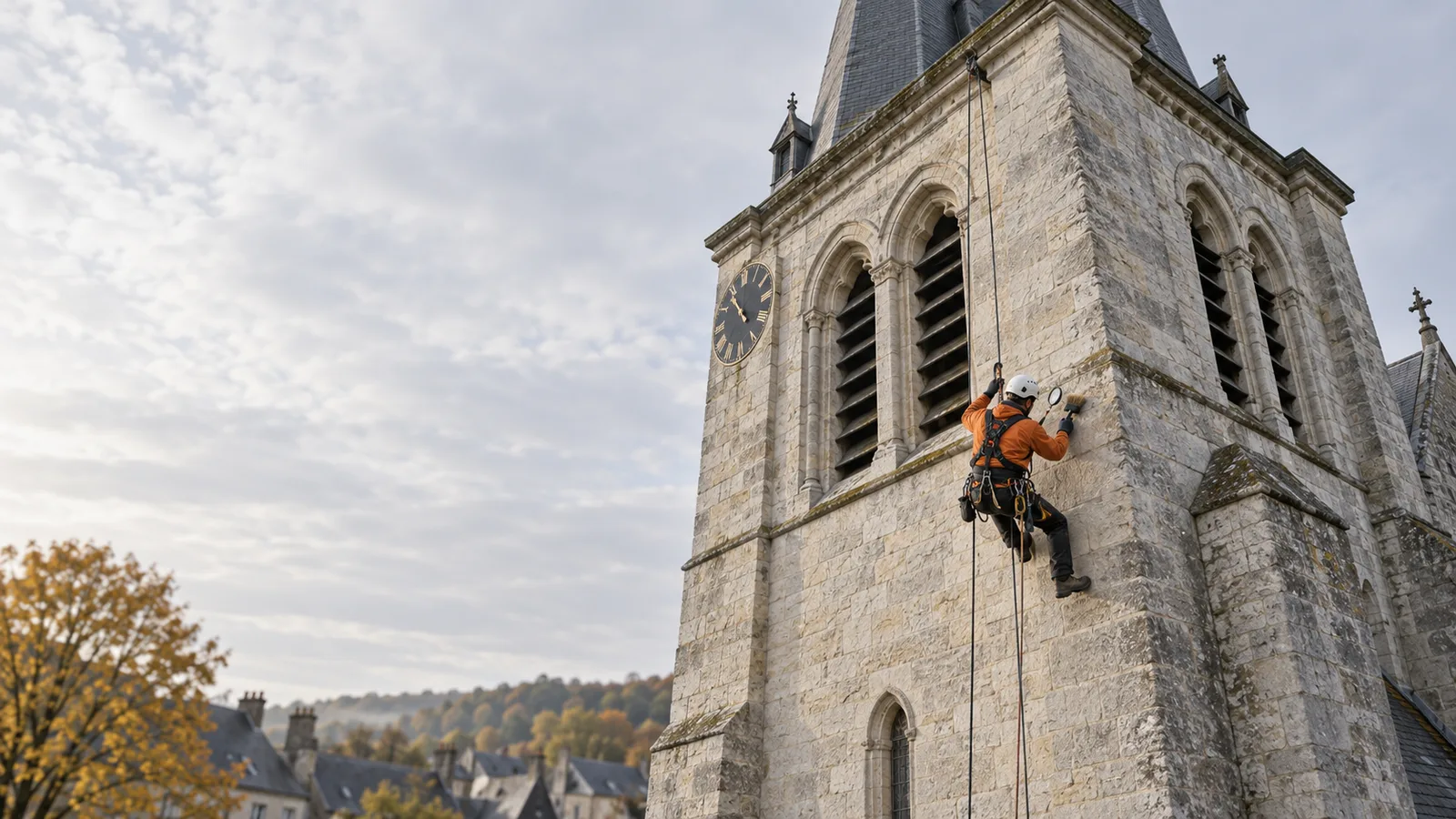 Cordiste inspectant les joints d'un clocher en pierre