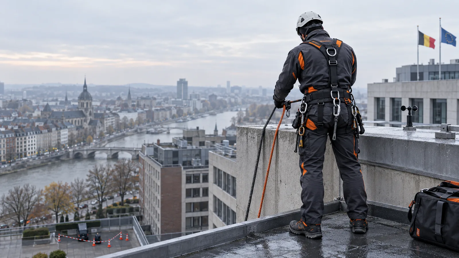 Cordiste vérifiant ses cordes au bord d'un toit terrasse par matin froid