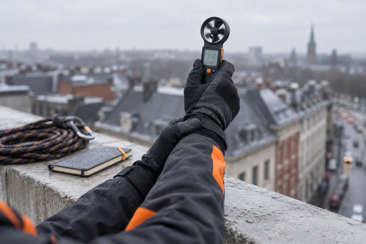 Mains gantées tenant un anémomètre au-dessus d'un acrotère en béton